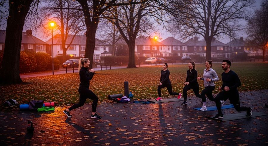 Autumn evening fitness training in Hale Barns and Altrincham with atmospheric lighting