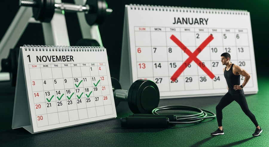 Calendar showing November highlighted for fitness resolution success instead of January
