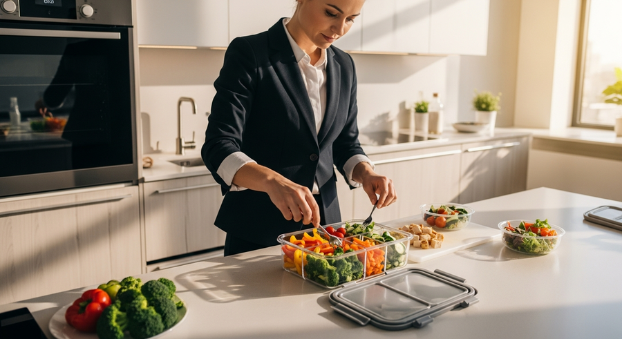Busy professional preparing a healthy lunch in a modern office kitchen