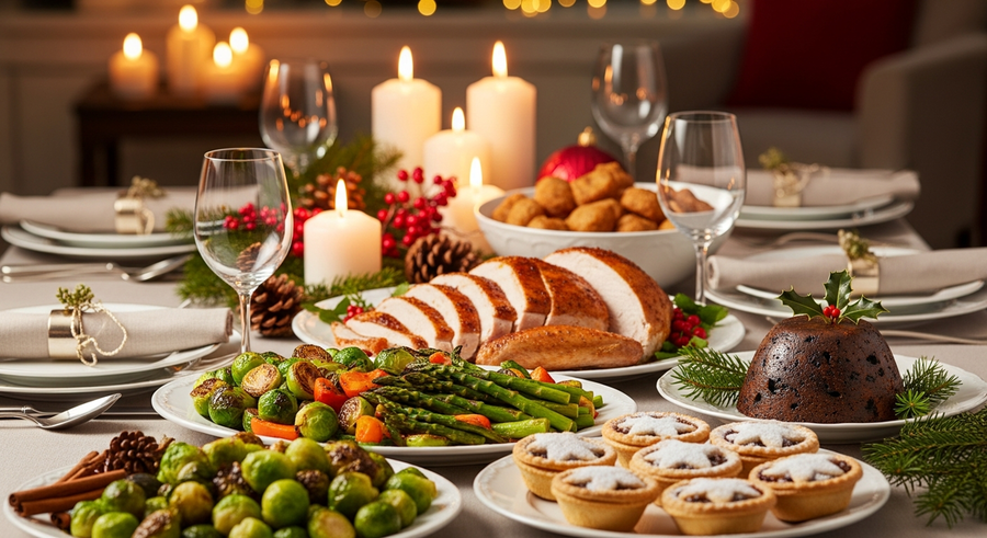 Christmas dinner table with healthy and indulgent festive food options