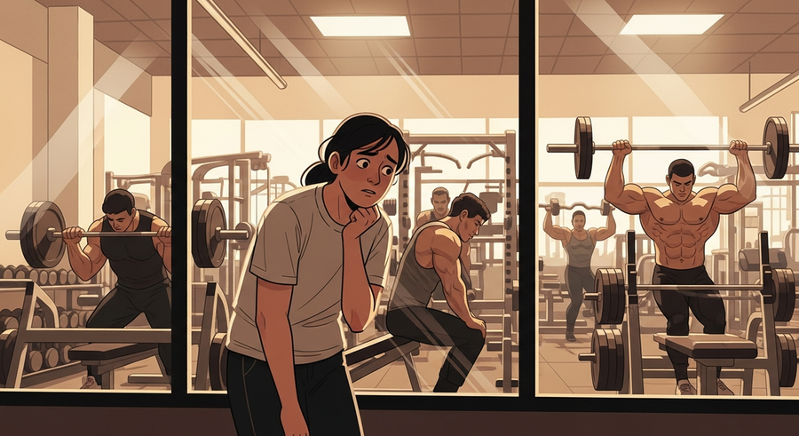 Person feeling anxious about going to the gym, considering home training as an alternative