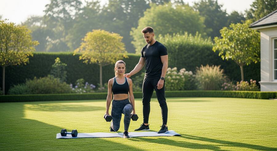 Mobile personal training session in Hale Barns garden