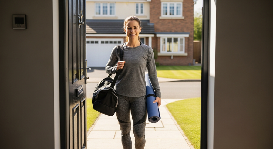 Mobile personal trainer arriving at a client's home with fitness equipment