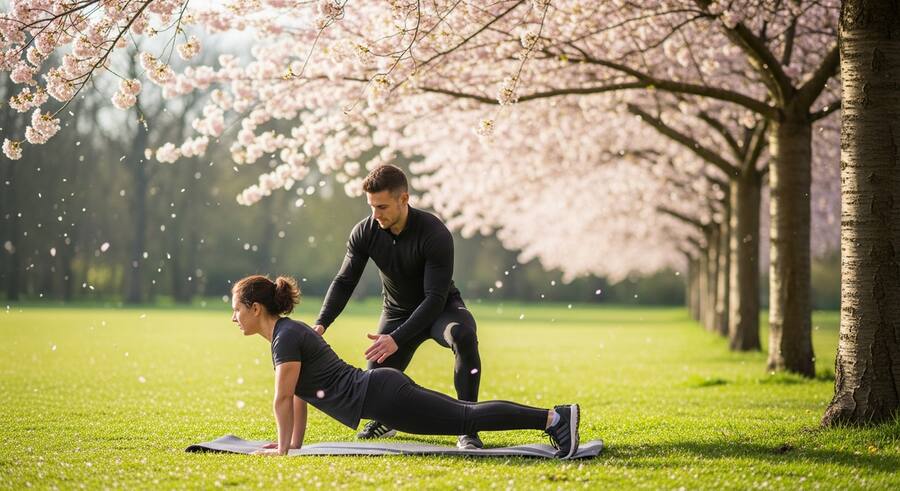 Spring body transformation training session with a personal trainer outdoors
