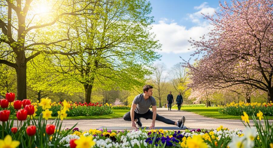 Spring outdoor fitness training session in a beautiful green park