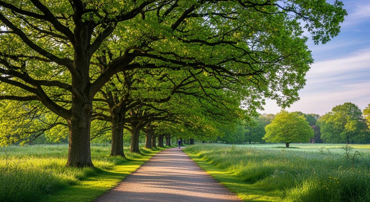 Scenic walking path through Hale Barns countryside with mature trees and green parkland